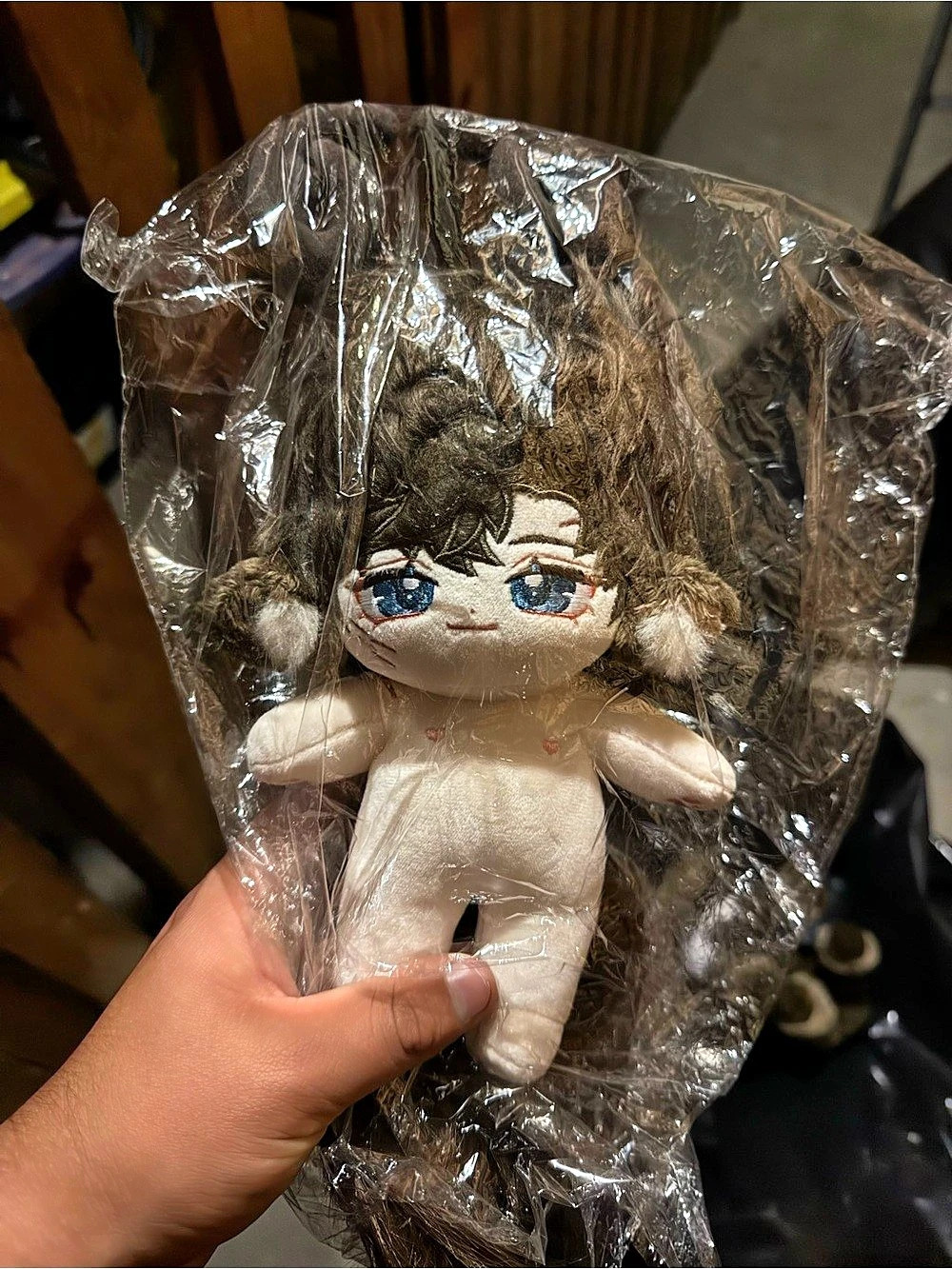 20cm Cotton Doll Long Brown Hair with Ponytail - Blue Sparkling Eyes Anime Plush